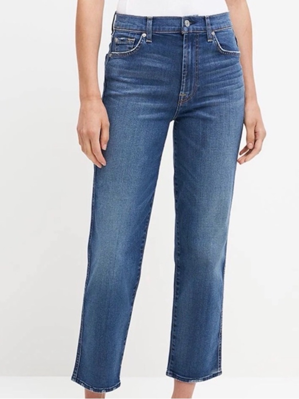 7 For All Mankind Cropped High-Rise Straight Jeans - Blue